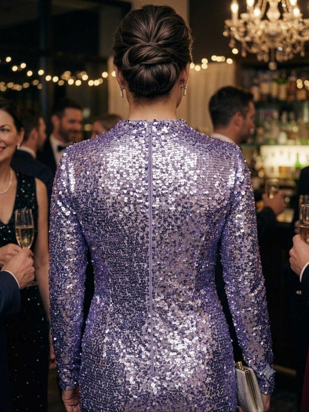 💕ST. JOHN Sequin Sheath Dress Lilac Long Sleeve Cocktail Party Evening 12 NWOT - Picture 2 of 14